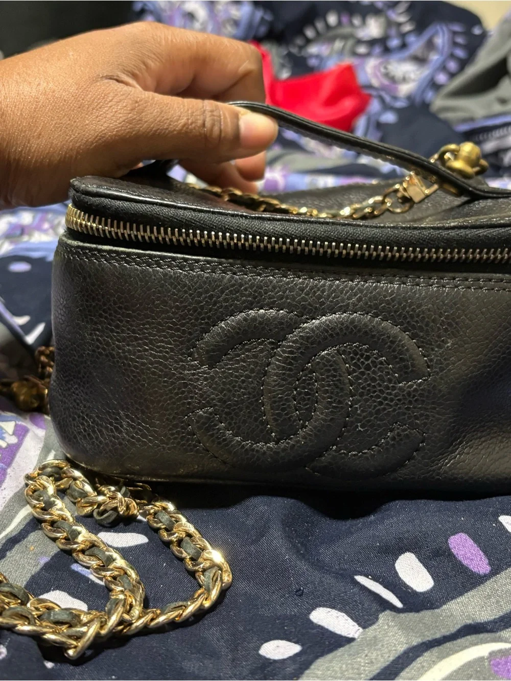 Authentic CHANEL Black Quilted Vanity Case with Gold Hardware